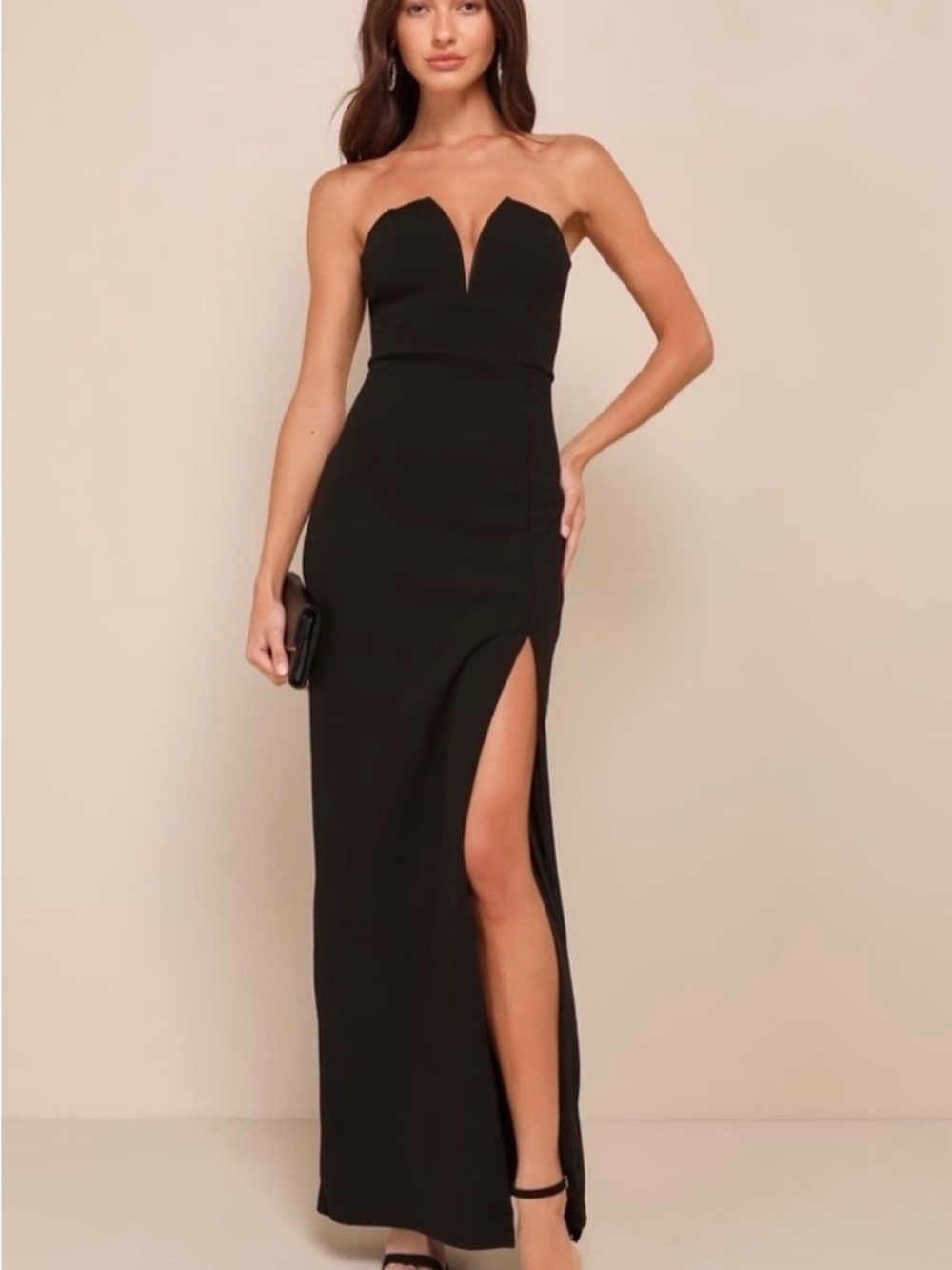 Lulu's Black Strapless Sweetheart Gown with High Slit